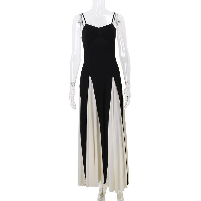 2024 Summer Elegant Female Vestidos Black White Patchwork Hem Maxi Dress Women Sexy Sleeveless Bodycon Sling Party Dresses