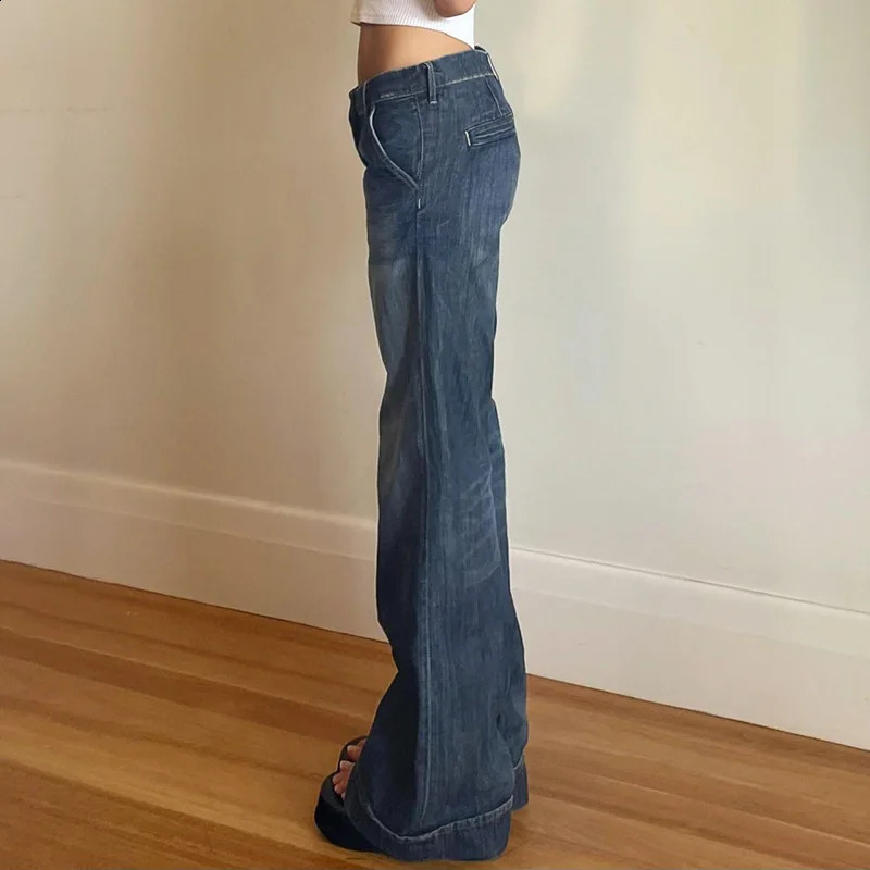 Blue Straight Jeans Streetwear y2k Low Rise Baggy Denim Pants for Women Vintage 2000s Casual Korean Fashion Basic 250107Z