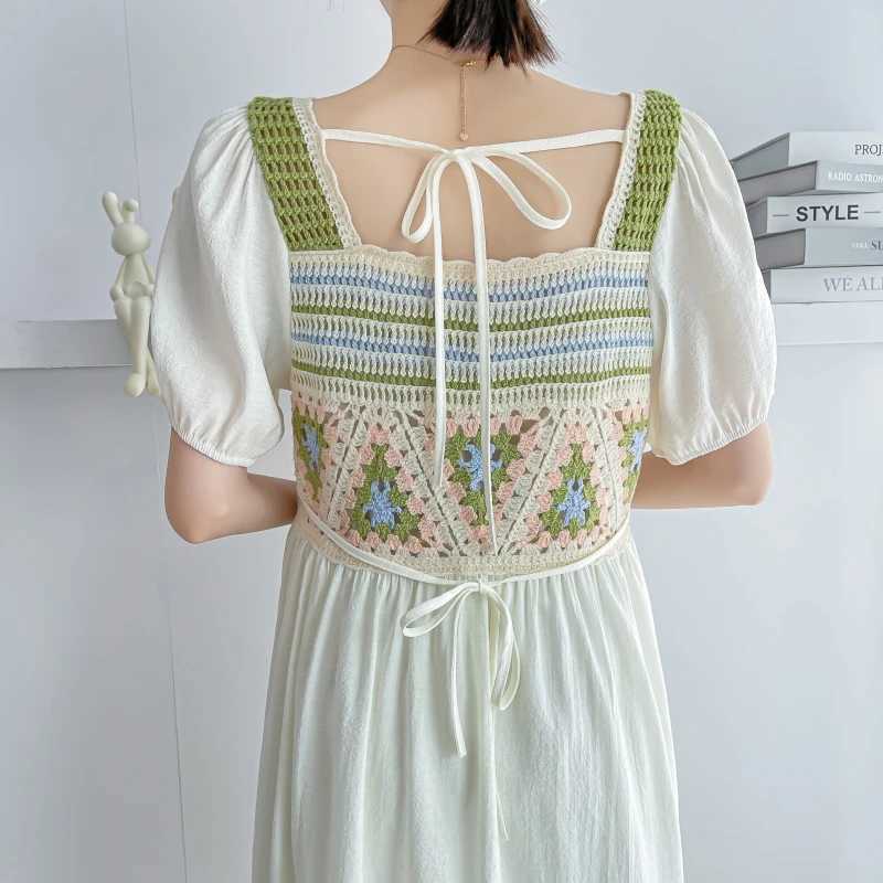 Summer new maternity dress short Sleve Square collar hollow knit splicing work backless maternity chiffon dress W250113
