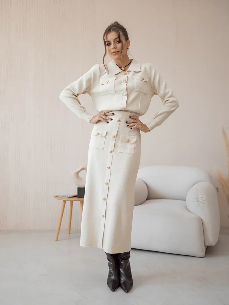 Elegant Knit Blazer Skirt Set Women Black White Brown 2 Piece Matching Set Autumn Winter Vintage Knitted Two Piece Women Sets 250109