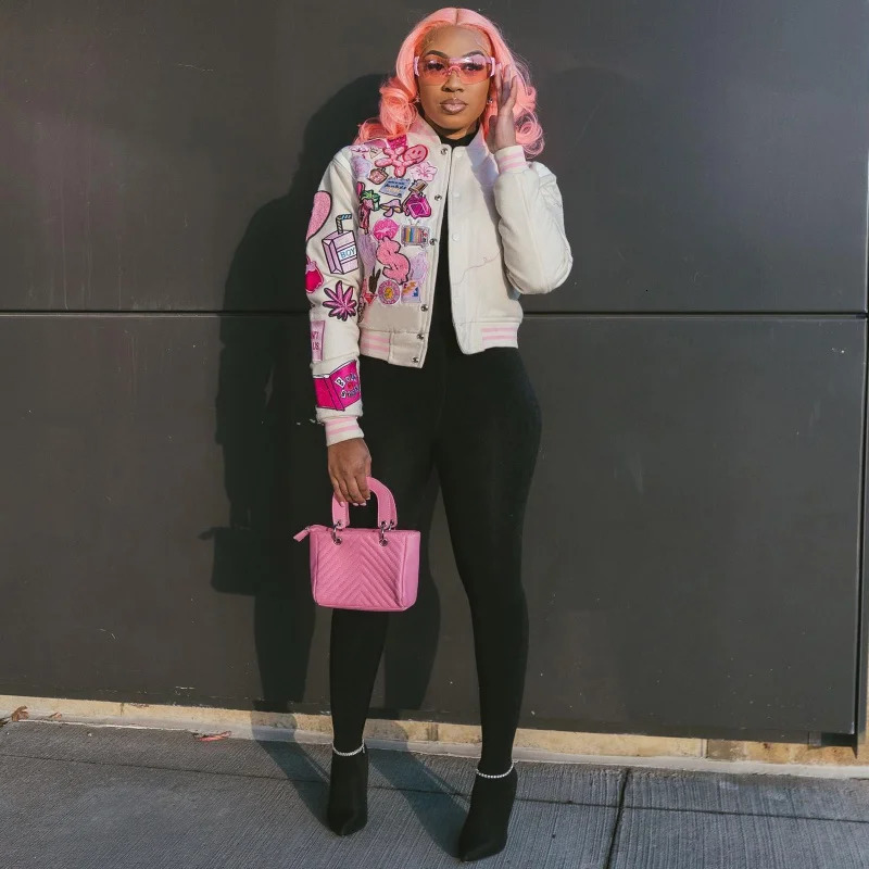 Women Baseball Jacket Varsity Bomber Jacket Racing Fashion Print Long Sleeved Button Pocket Coats Y2K Jackets Casual Streetwear 250114