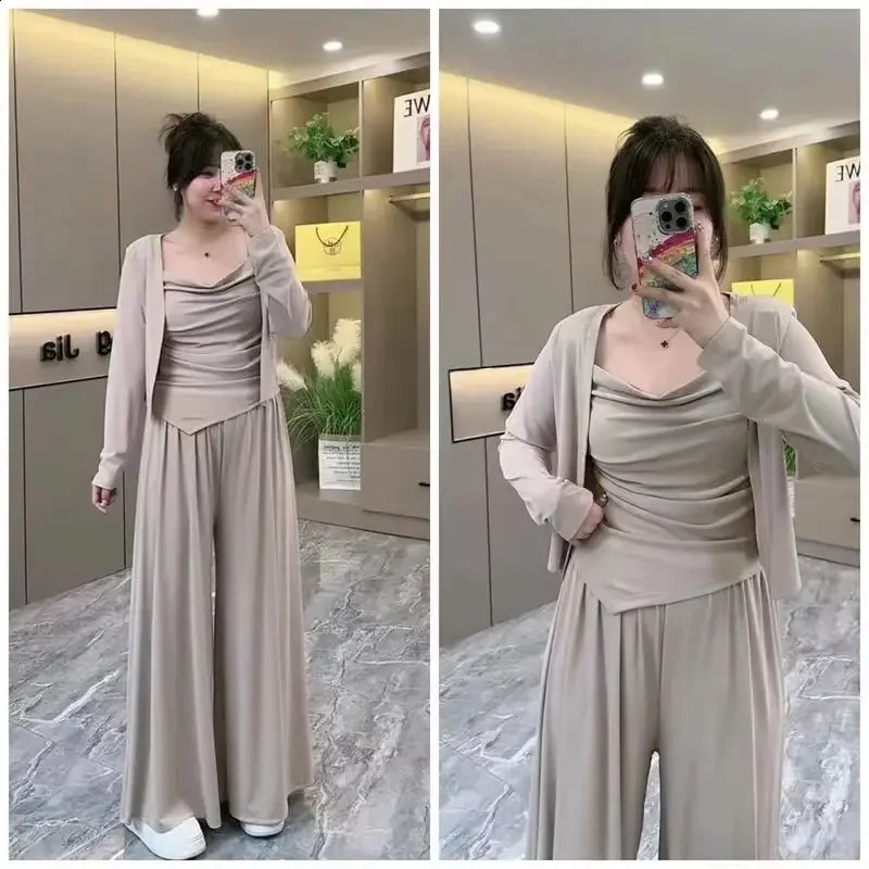 Plus Size Fashionable Plussize Slimming Tank Cardigan Casual Pants Set Simple Irregular n Loose Fit Clothing For Women 250106
