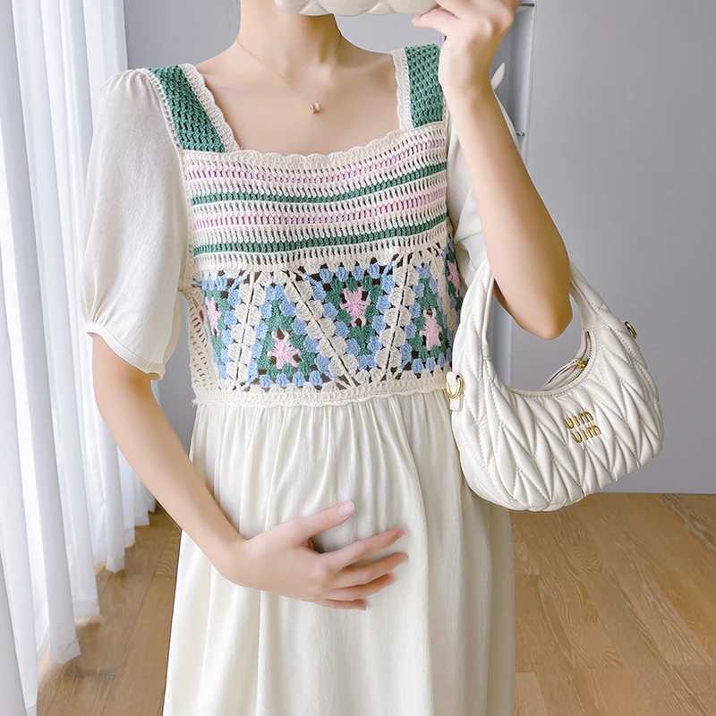 Summer new maternity dress short Sleve Square collar hollow knit splicing work backless maternity chiffon dress W250113