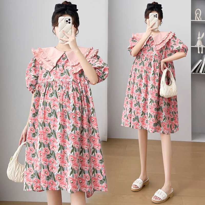 Korean style double-layer Peter Pan collar puff sleeves plus size pregnant floral dress knee length pregnant dress loose fit W250113