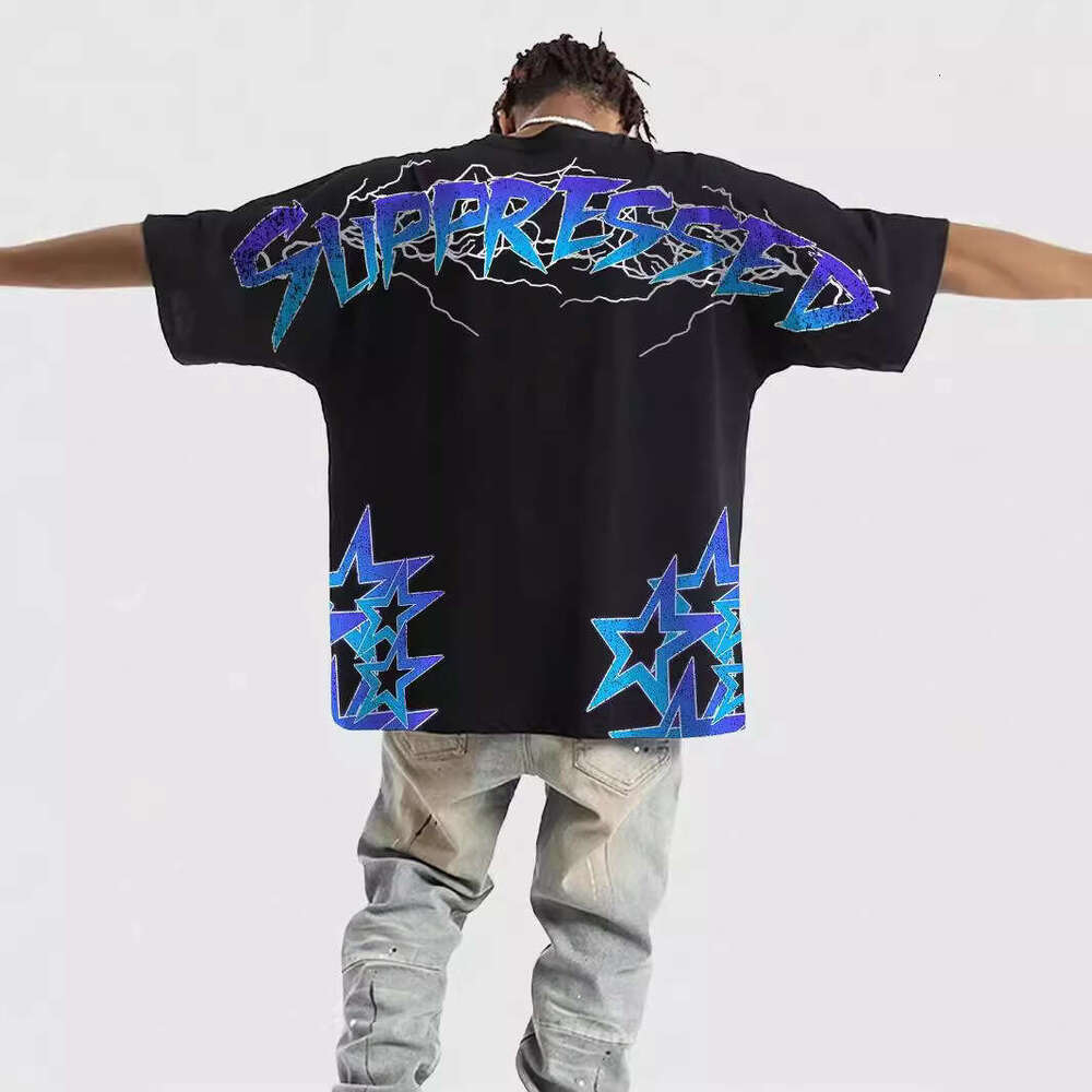 Summer American High Street Loose Lightning Skull and Pentagram Printed Short Sleeve T-shirt