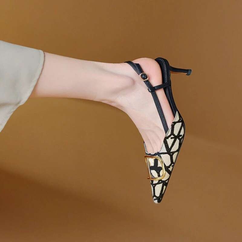 Women Sexy High Heels Fashion Pointed Toe Sgback Shoes Summer Dress Party Stilettos Brand Pumps Metal Decor Sandals free shipping shoes