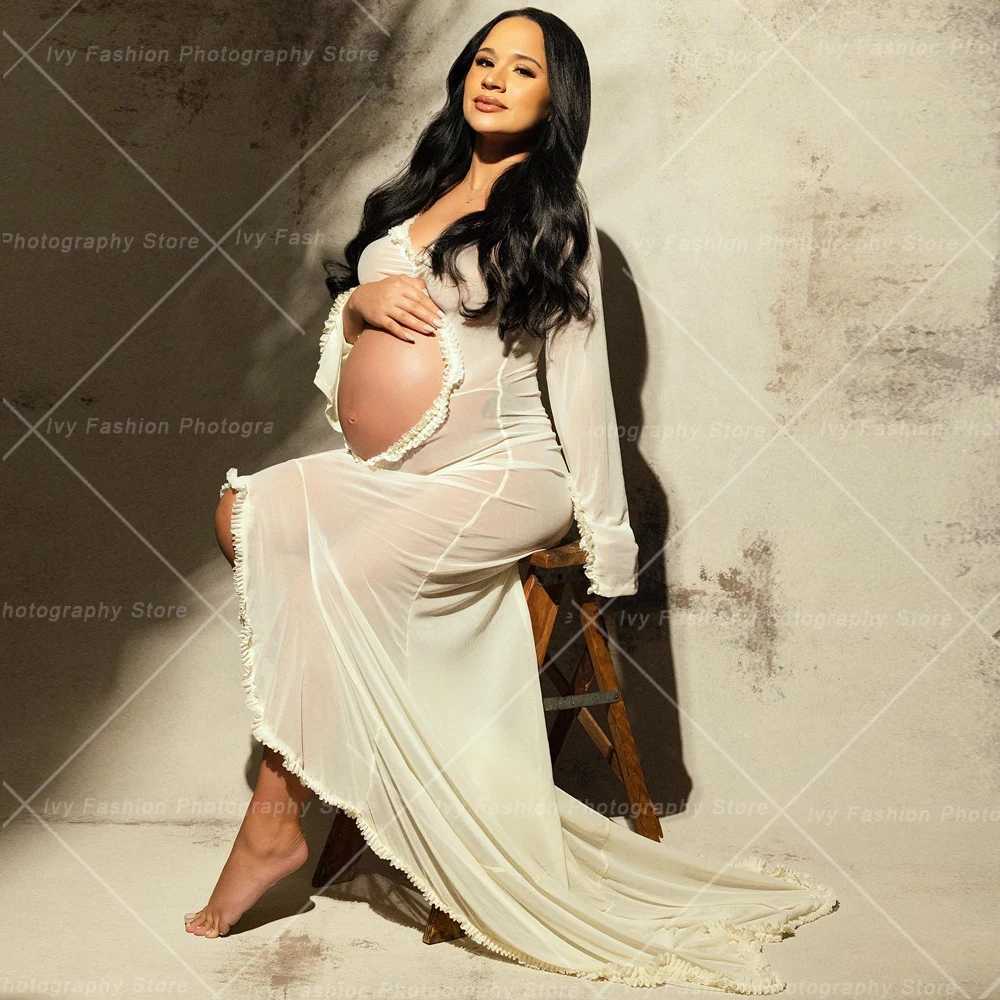 Pregnant womens dress photo shoot sexy transparent pleated pregnant womens abdomen hollow long sleeved baby shower dress W250113