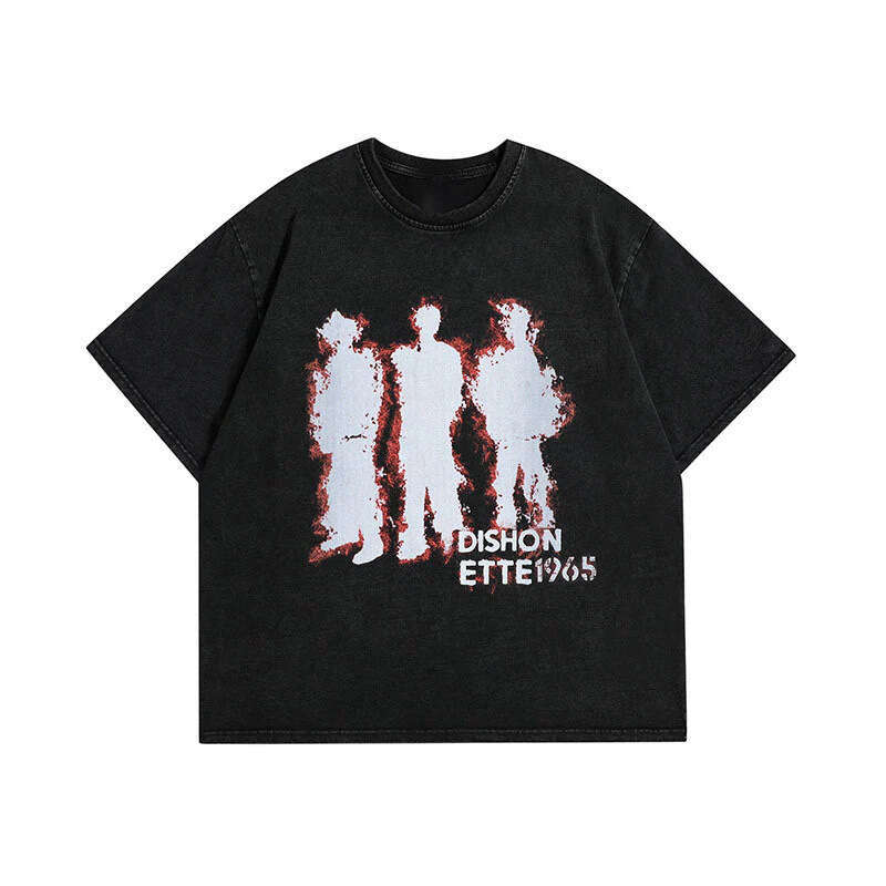 230g distressed washed T-shirt with American street print round neck trendy cotton off shoulder short sleeved shirt