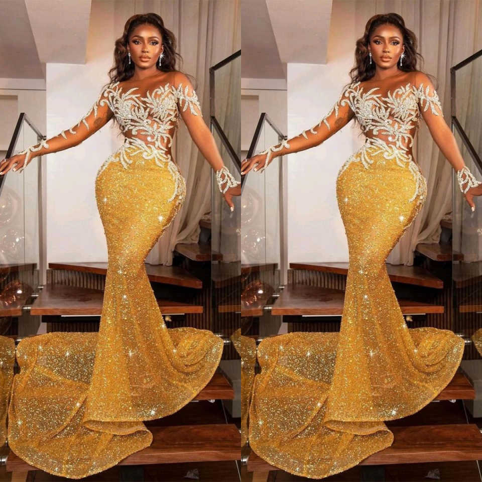 Gold Evening Dresses Mermaid Sequined Crystal Beads Long Sleeve Prom Gown Party Dress Vestido De Noite Customized