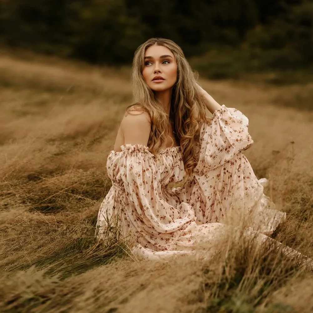 Cute maternity dress floral chiffon single shoulder dress elegant maternity dress Photosoot womens photography dress W250113