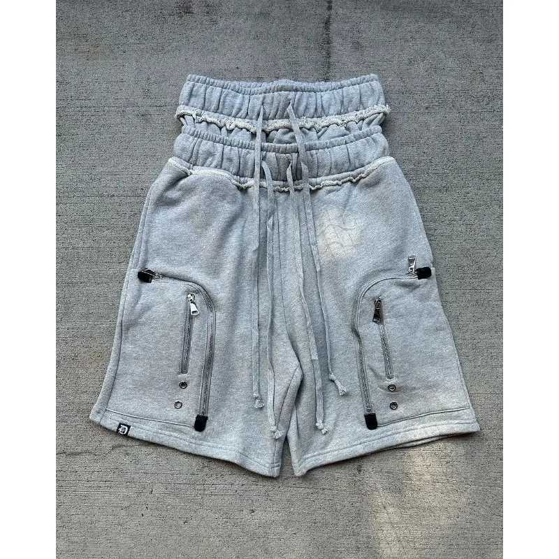 Summer new style drawstring double-ended pants American retro washed personalized printed casual shorts trendy retro loose pantsXJ250114