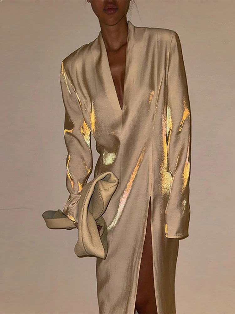 Fashion Solid V Neck Lady Dresses Full Sleeve Straight Women Dress 2025 Elegant Sexy Spring Beach Split Female Maxi Vestidos 250110