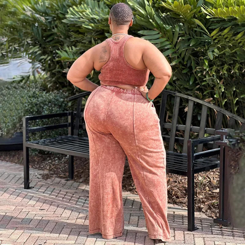 CMYAYA Plus Size Tie Dye Print Womens Set Sleeveless Mini Top Wide Leg Straight Pants Washed Two 2 Piece Outfit Tracksuit 250109