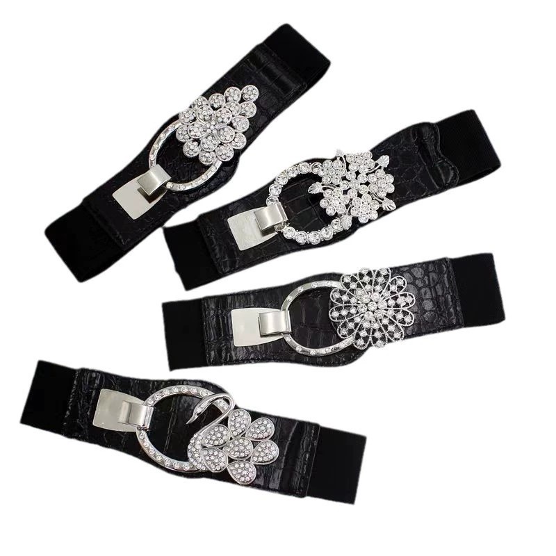 Down jacket belt female with diamond waist wide decorative with skirt elastic waist elastic rhinestone outwear waist seal black