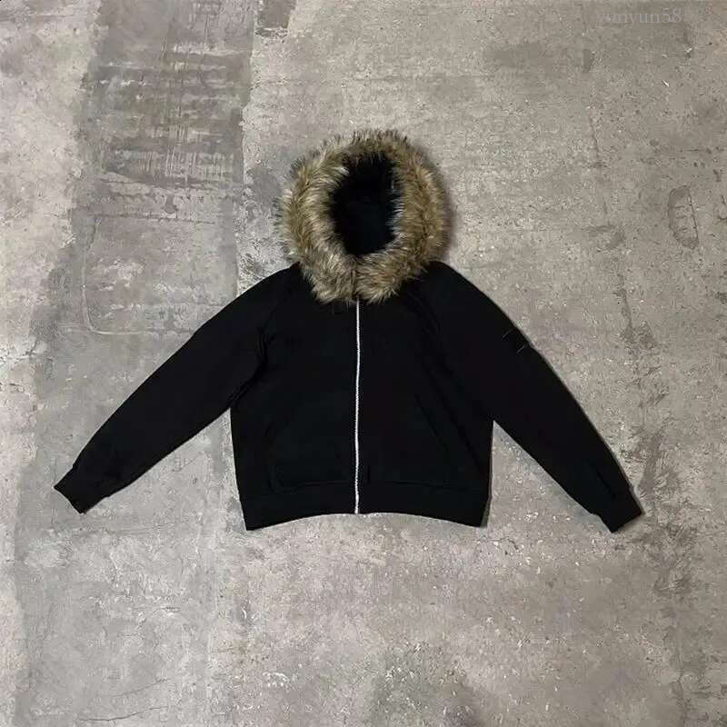 Y2K Zip up hoodie Faux Fur Collar Harajuku Rock Goth Top Retro Punk Loose Jacket Hip Hop Streetwear Zipper Hoodie sweatshirt EMO 241120