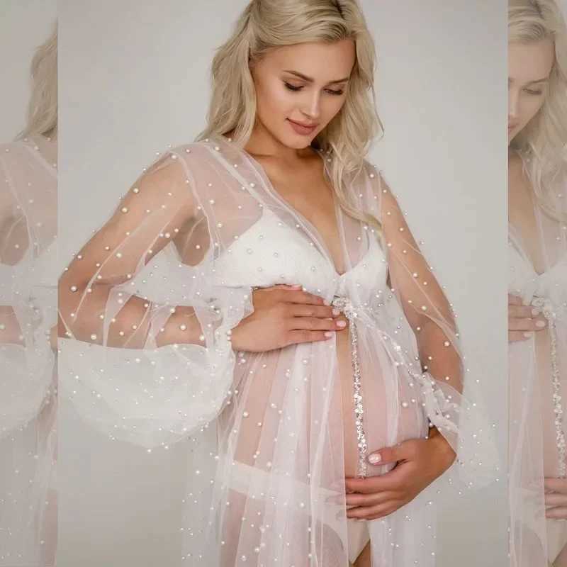 White maternity photography dress beaded long sleeved sheer Maxi sexy See Through long dress maternity outfit photo shoot W250113