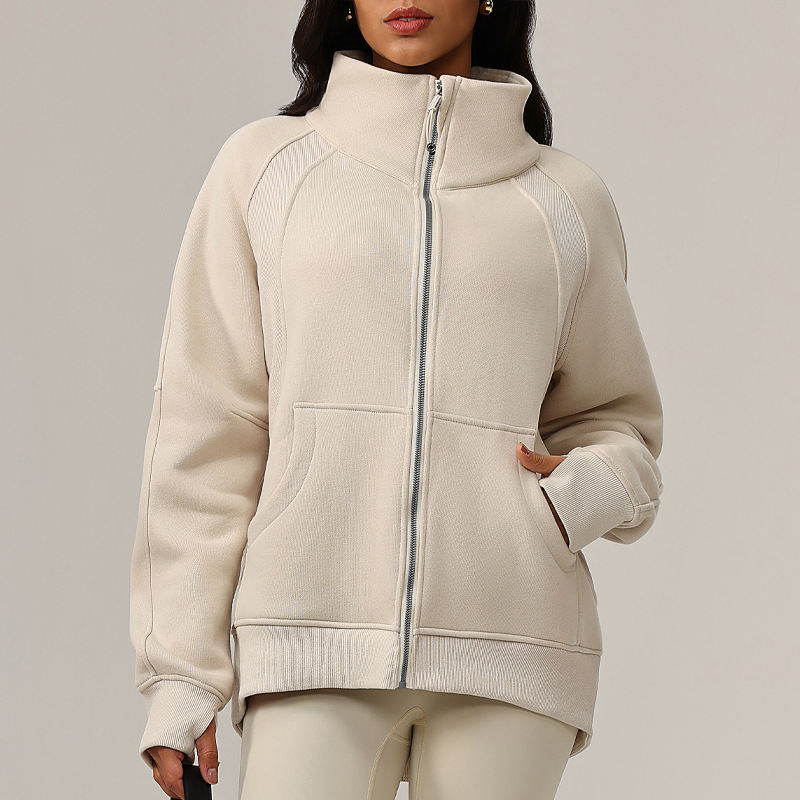 High quality versatile women's outdoor sports and fitness plus thick fleece hoodie loose sports jacket stand collar warm yoga casual loose top
