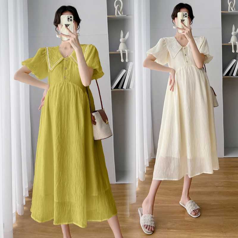 2025 Summer Fashion Pregnant Dress Plus Size Puff Sleeve Collar Chiffon Dress A-Line Pregnant Dress W250113