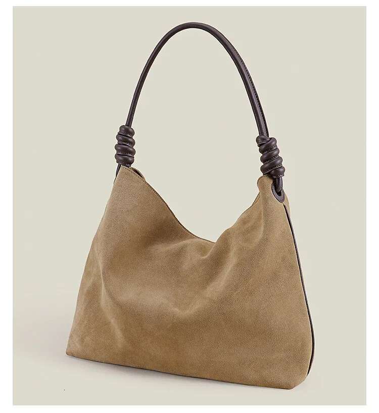 New 2025 Winter Matte Kakhi Color Women Tote Soft Thick Cow Suede Leather Female Shoulder Bag Large Round Rope Handle Handbag