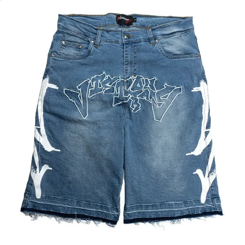 Harajuku Letter Embroidery Black Jeans for Men Hip Hop Vintage Baggy Shorts Casual Gym Denim Streetwear 250120