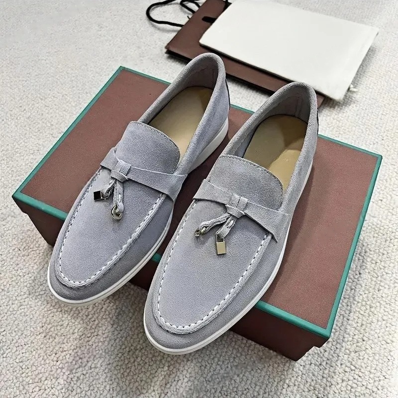 10A Suede Leather Designer Dress Shoes Embellished Charms Loafers For Men and Women Summer Walk Black Brown Sandy Summerwalk Flat Casual Shoe