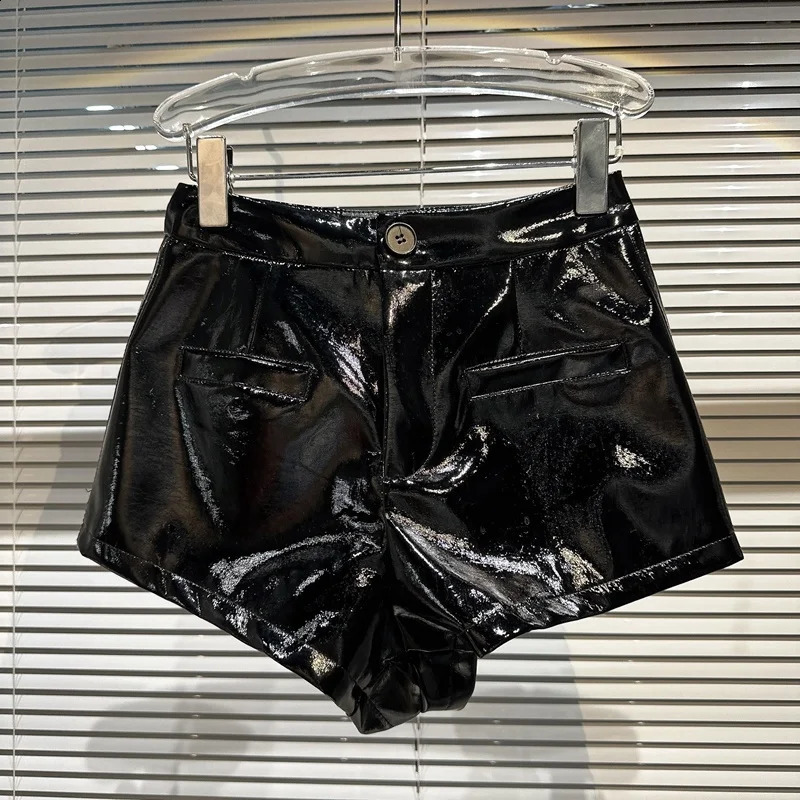 PREPOMP 2023 Summer Collection High Waist Black Pu Faux Leather Slim Short GH644 250107
