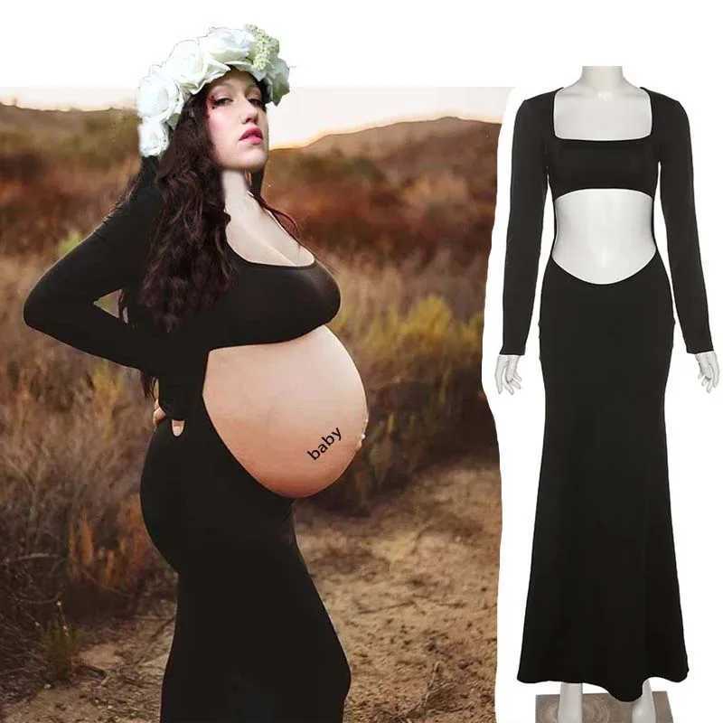 Sexy deep V-neck chiffon pregnant dress with lace hollow horn long sleeved tail feather dress photo prop vest W250113