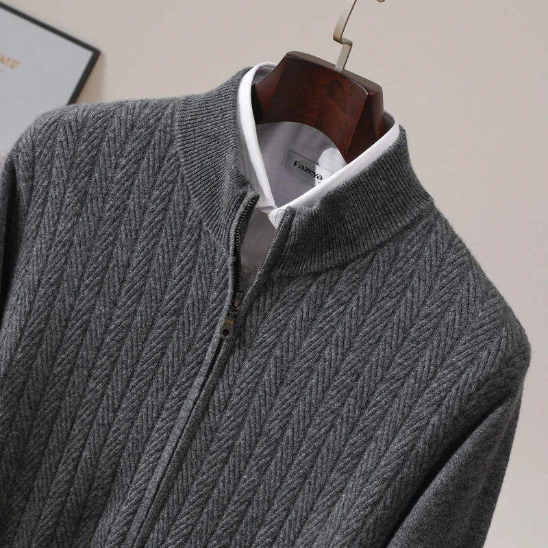 Mens Autumn And Winter Top 100% Merino Wool Knit Sweater With Zipper Stand Up Collar And Wheat Grain Pattern Cardigan 250113 - view 3