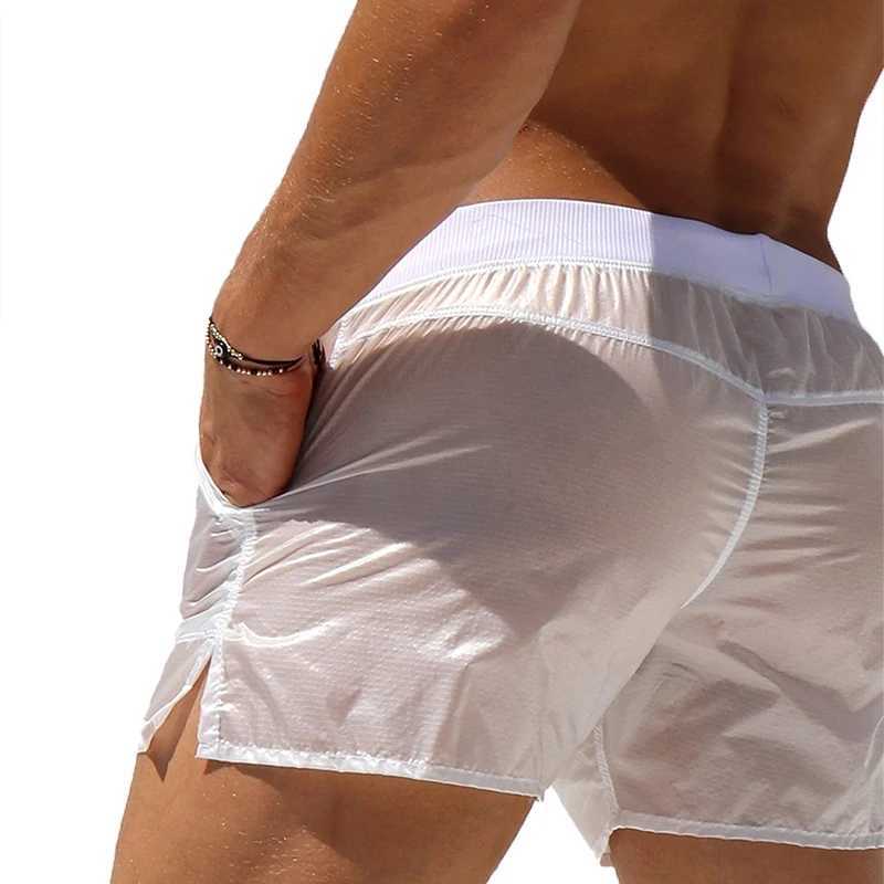 Mens solid swim trunks with elastic waist see through summer quick drying beach shorts low waist swimsuit with pockets W250114
