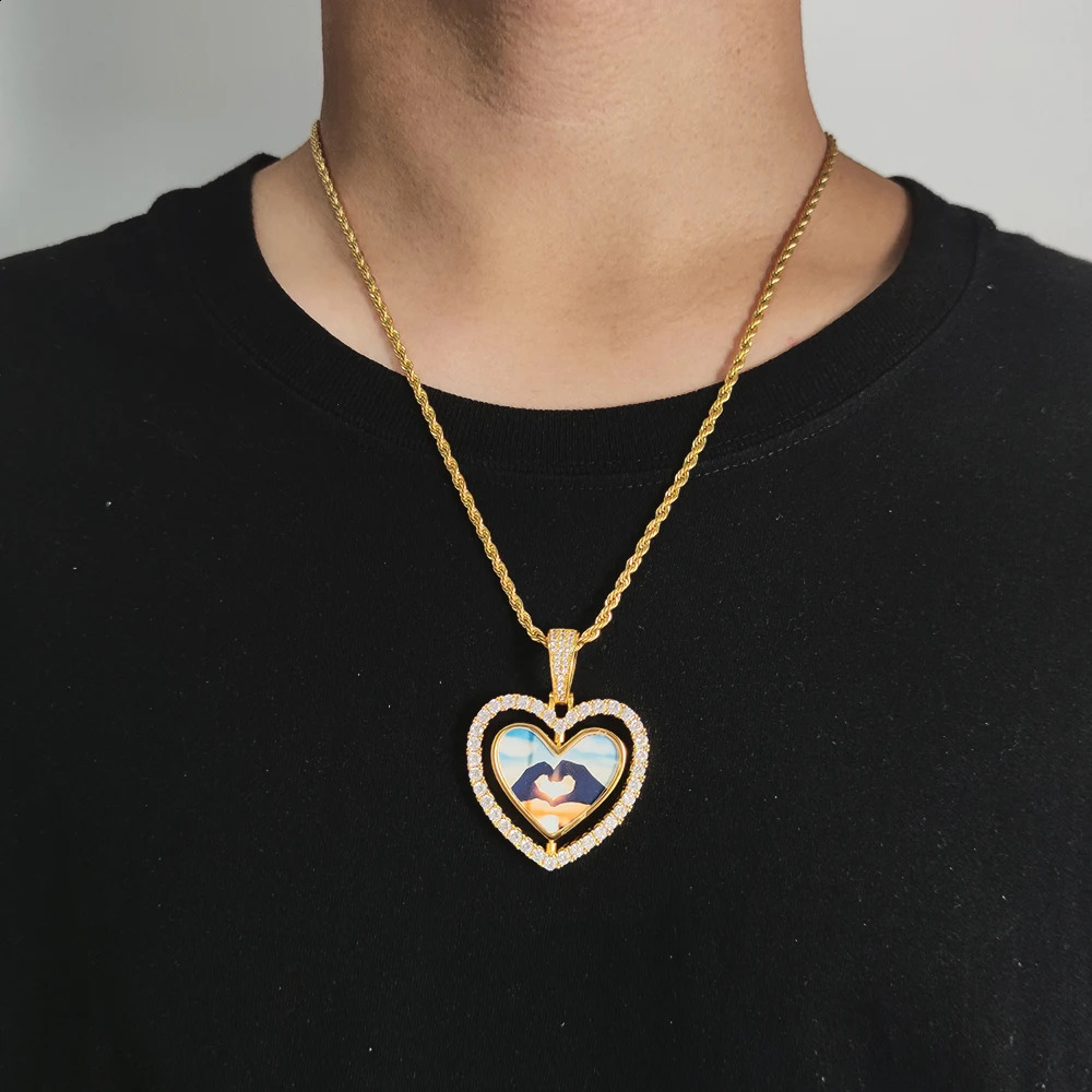 Two-Sided Heart Picture Pendant Necklace Jewelry For Men Hip Hop Custom Iced Out Po Spinning Pendant Women Drop 250107