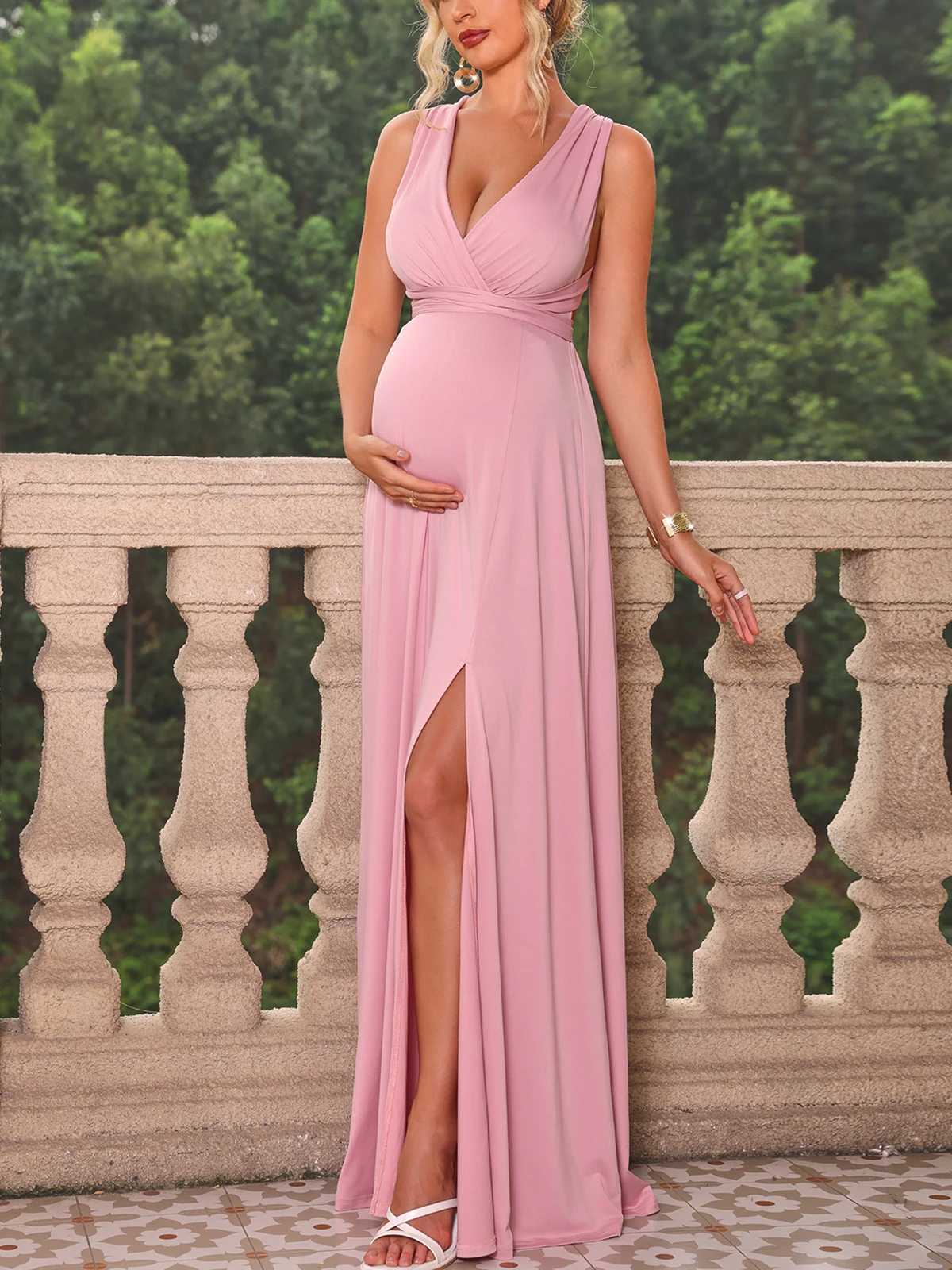 Itsroya Pure Satin Cross Back Pregnant Dress Elegant Par Evening Dress Side Split V-neck Photography Prop Dress W250113