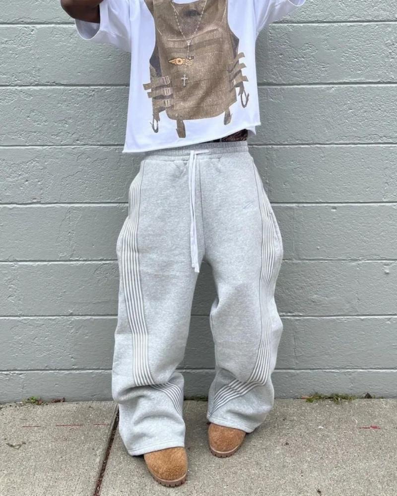 Mens Pants Y2k Street Harajuku Trendy Brand Oversized Trousers Loose Casual Wide Leg Women American Retro Striped Knitted Men