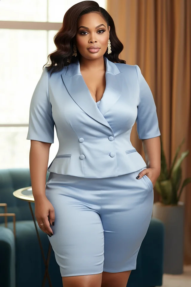 Plus Size Semi Formal Light Blue Lapel Collar Short Sleeve Satin Two Piece Sets 250106