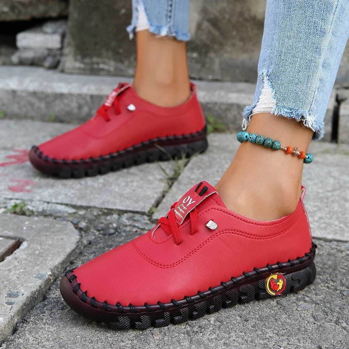 Platform Sneakers Women Shoes Loafers Lace Up Leather Flat Slip- 2023 New Autumn Casual Mom Shoe Mujer Zapatos Chaussure FemmeXJ250113