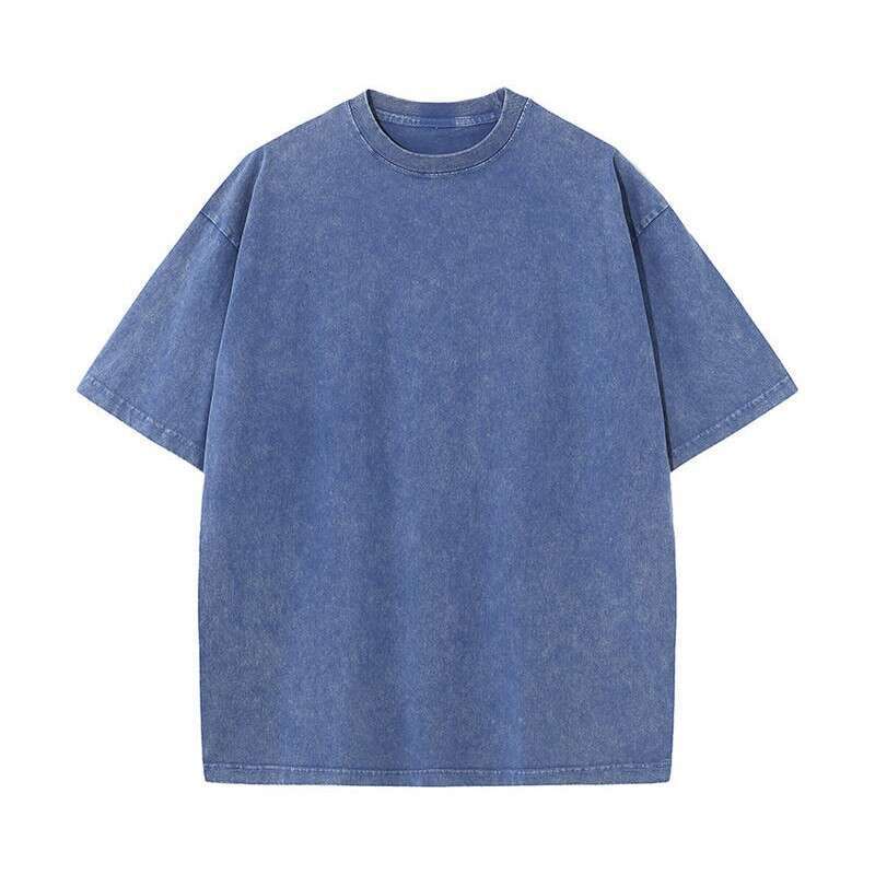 230g distressed washed T-shirt with American street print round neck trendy cotton off shoulder short sleeved shirt