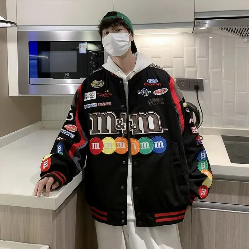 Y2k Streetwear Biker Jacket Men Women Embroidery Letter M Ms Chocolate Bean Baseball Coat Loose Hip Hop Harajuku Racing Outwear 250110