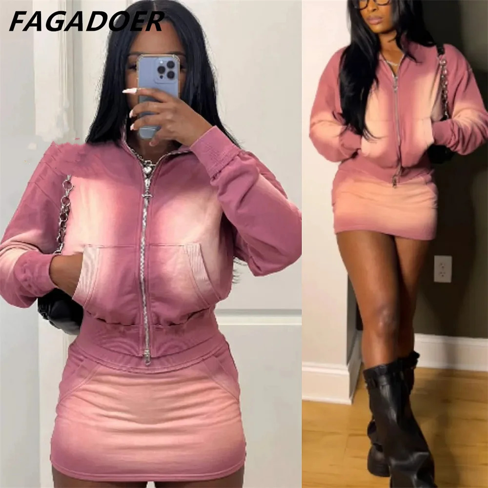 FAGADOER Pink Tie Dye Print Two Piece Sets Women Outfits Fashion Zip Pocket Long Sleeve Crop Top And High Waist Skirts Clothing 250113