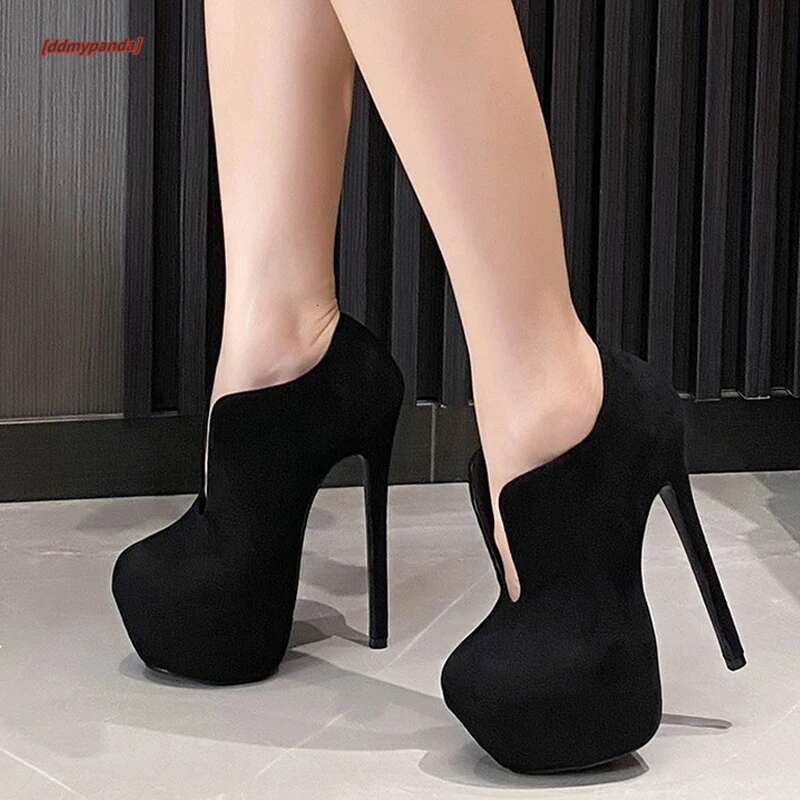 Women Extreme Thin High Heels Stripper Pole Dance Shoes Solid Black Round Toe Slip On Sexy Platform Pumps ddmypanda
