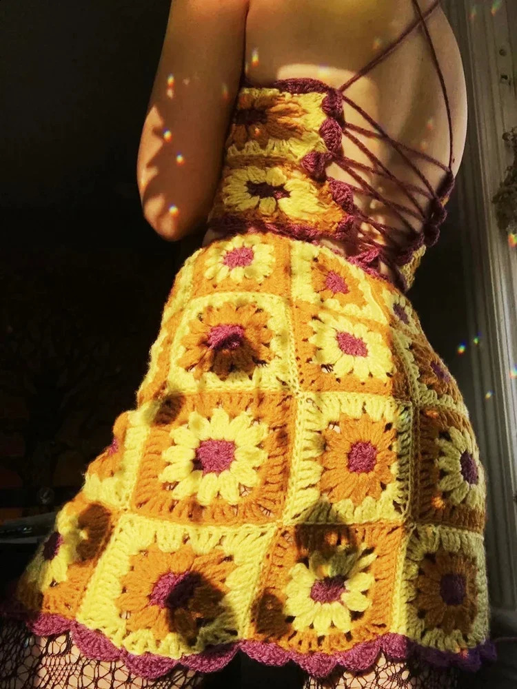 Gypsylady vintage crochet dress set Bohemian cut top mini skirt 2-piece set handmade summer chic square pattern sexy set 250109