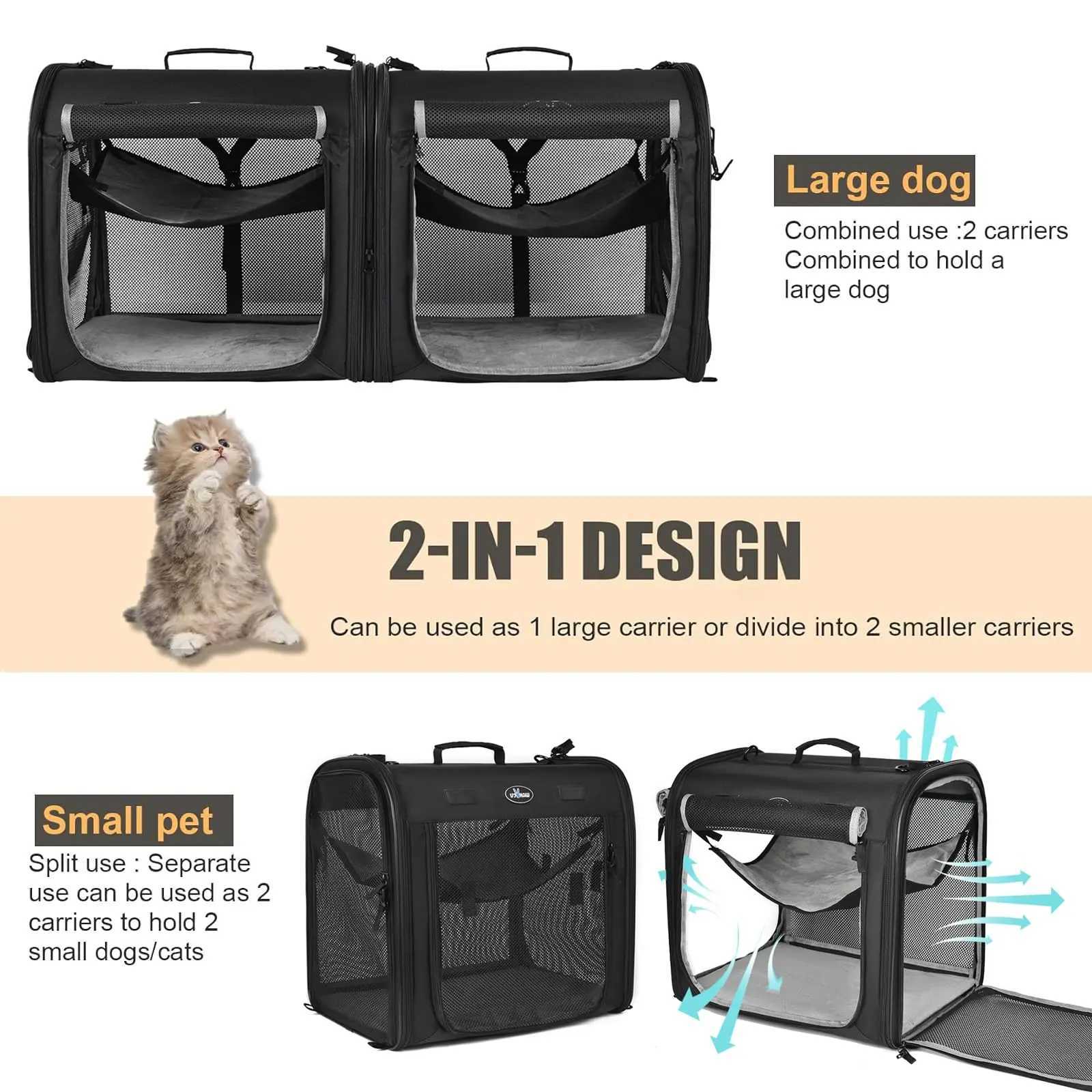 Wakytu Portable Pet Carrier for 2 Cats Small Dogs Double Cat Crate Set with Portable Carry Bag Car Travel Indoor Cat HouseXJ250113