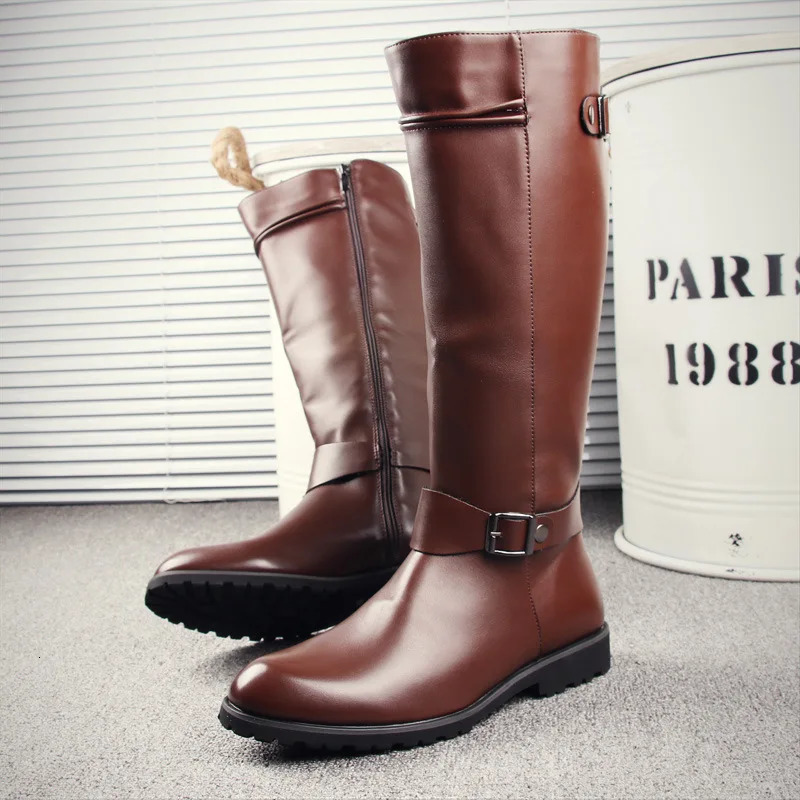British Mens Black Leather Knee High Boots er Zip Long Motorcycle Shoes Antique Cosplay Stage Botas Casual Comfort Zapatos 250106