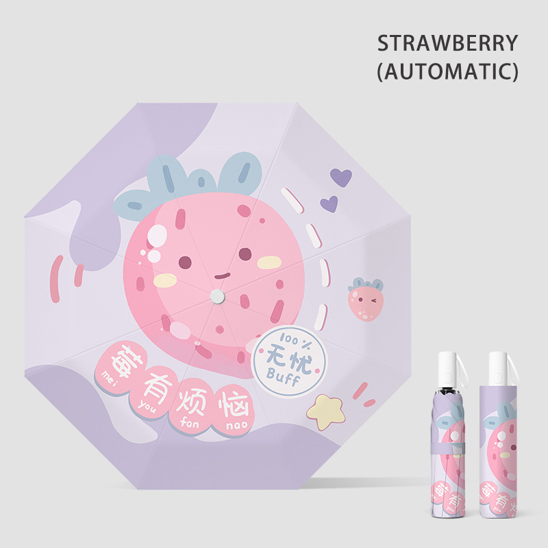 Adorable Fruit Pattern Compact Umbrella with Automated Opening Mechanism Dual Use Rain & Sun Shade