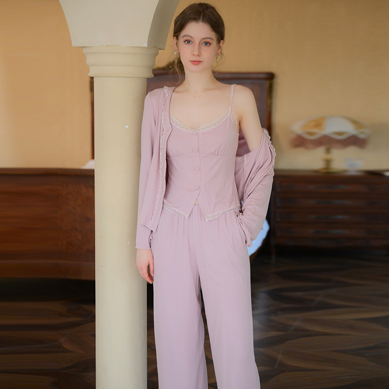 B654-Pajamas set suspenders women spring and autumn style knitted cotton sweet high-end outer wear trousers pajamas three-piece home clothes