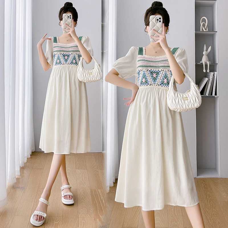 Summer new maternity dress short Sleve Square collar hollow knit splicing work backless maternity chiffon dress W250113