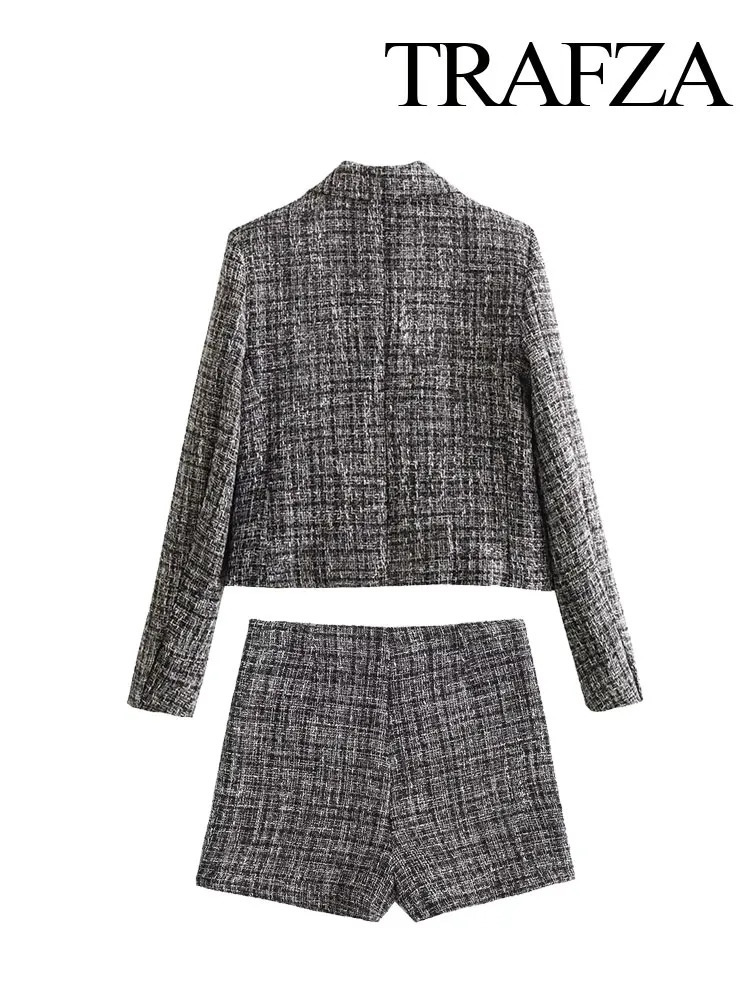 TRAFZA Womens Summer Fashion Plaid Short Casual V-neck Blazer Sexy High Waist Side Zipper Decorated Womens Culottes 2-piece 250109