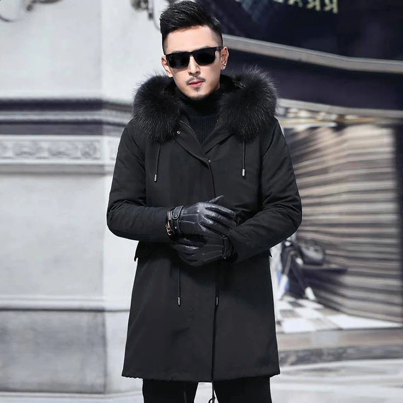 Winter Trendy Men High Quality Faux Fur Liner Parka Elegant Hair Hooded Long Coat Fashion Jackets 250107