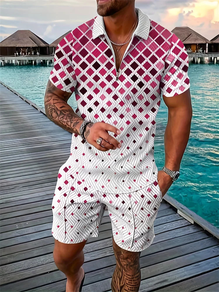 Two-tone Patchwork Mens Short Sleeve Shirt And Shorts Set Street Polo Top And Shorts Set Zipper Lapel Short Sleeve Shorts 250109
