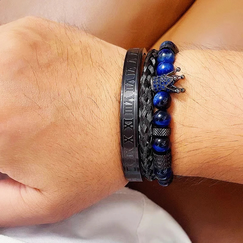 Set Tiger Stone Bead Crown Talisman Mens Bracelet Black Roman Stainless Steel Bracelet Womens Jewelry Halloween Gift 250109