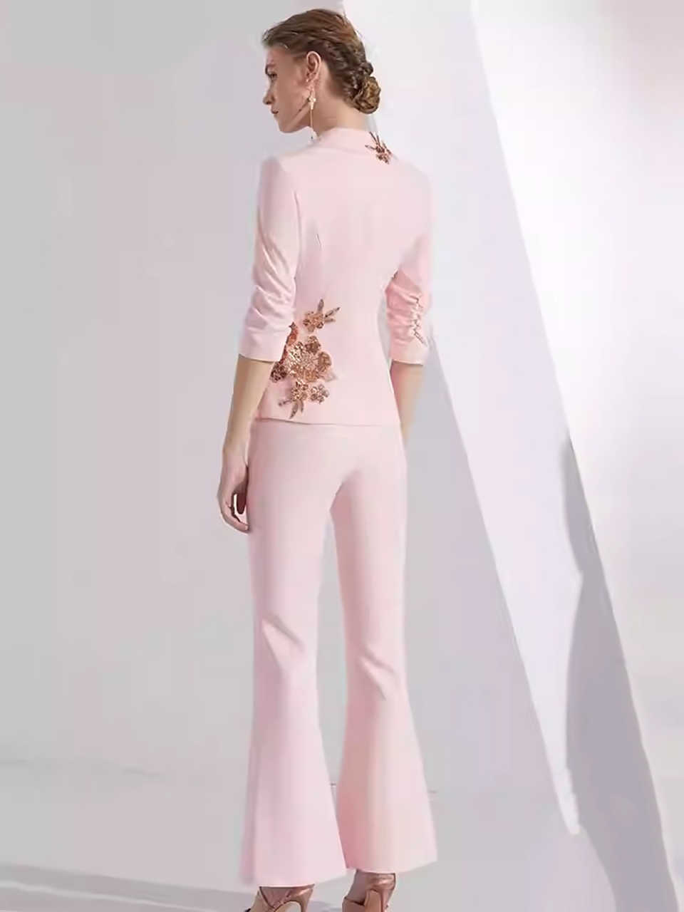 Customized Pink Spring Women Pants Sets Designer Beads Appliques Ladies Prom Birthday Party Formal Wear Outfit Jacket 2 Pieces