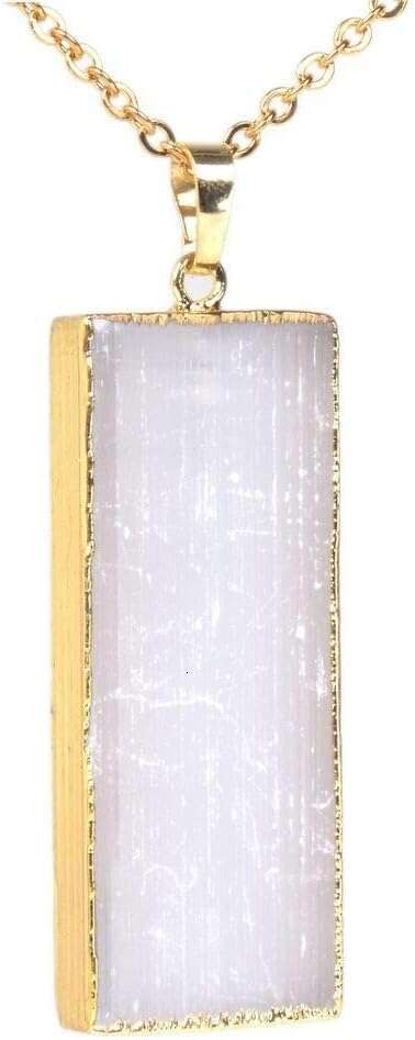 Natural White Selenite Heag Crystal Gold Plated Rectangle Pendant Necklace 20 Inch